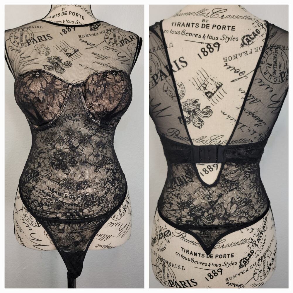 Victorias Secret Sheer Top 32D Mesh Lace High Neck Black Sexy Whimsygoth